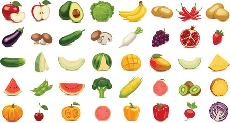 Fresh Fruits and Vegetables Collection Icons Set, Colorful Flat Vector Illustration for Healthy Food, Nutrition Concepts, Grocery Design, and Cooking Projects