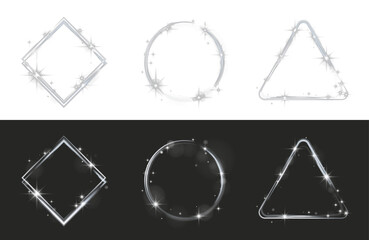 Obraz premium lowing silver light frames and geometric shapes with sparkle and bokeh on a transparent background, PNG.