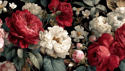Rich floral pattern with roses and other blossoms on a black background; vintage, romantic