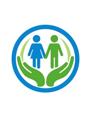 Two figures holding hands, protected by hands