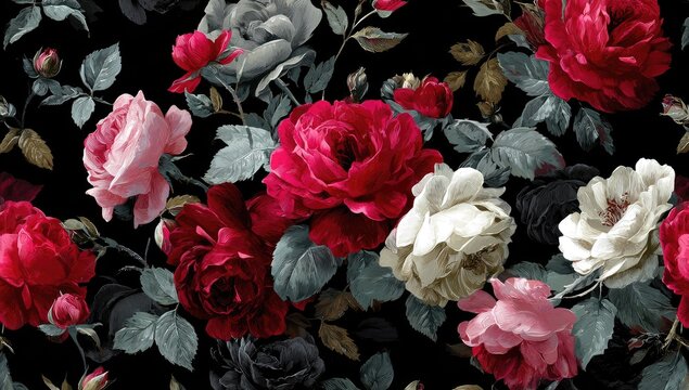 A close-up on a lush floral pattern featuring blooming roses in vibrant shades against a black backdrop - Powered by Adobe