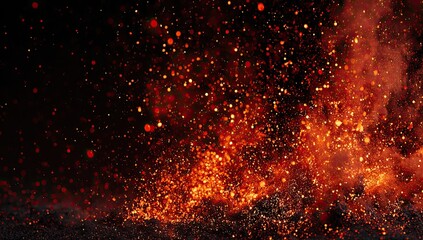 Abstract of fiery particles exploding against a deep black backdrop, capturing movement