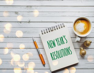 A notebook with New Year's Resolutions written on it lies on a white wooden table next to a pen and a cup of coffee