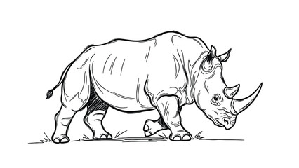 Powerful Rhinoceros Drawing: Bold Line Art Illustration Of A Walking Rhino In Grass © SHAMIM