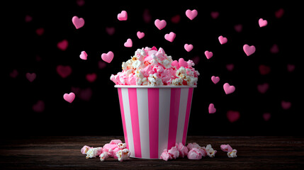 Bucket of pink and white popcorn with floating heart shapes on dark background, creating a playful and romantic American movie night or Valentine's Day concept