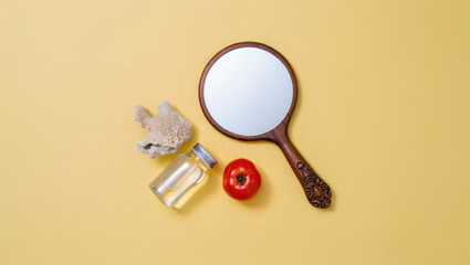 Artistic Still Life Composition Featuring a Hand Mirror, Tomato, Sponge, and Glass Bottle on a Sunny Yellow Background Showcasing Beauty and Natural Elements