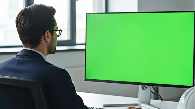 Businessman working on green screen computer in modern office with hard hat on desk 