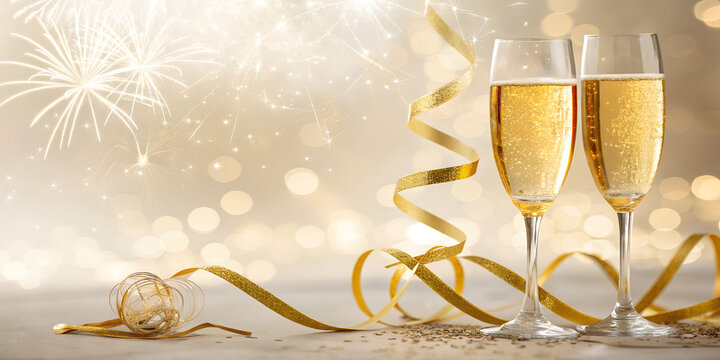 Champagne - New Year Event Celebration Or Anniversary With Golden Abstract Background