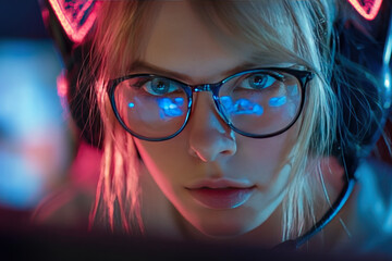 Focused gamer wearing glasses and headset engages in intense esports session, illuminated by colorful lights that enhance gaming atmosphere