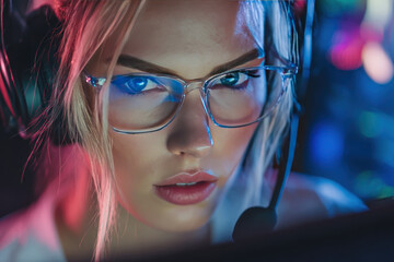 Focused gamer wearing glasses engages in intense esports competition, showcasing determination and skill. vibrant background highlights excitement of gaming environment
