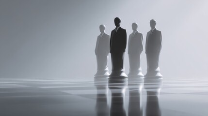 Shadowy figures on a chessboard representing strategic thinking and competition in a foggy landscape of ideas, ambition, and leadership in business context