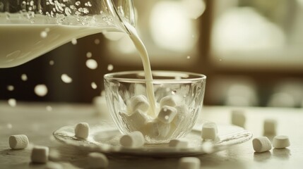 Milk being poured from a glass pitcher into a small clear bowl filled with marshmallows, creating a splash