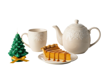 Cream floral ceramic teapot, matching mug, pumpkin pie with caramel, green Christmas tree candle on a minimalist white table, stark background, bokeh. Cozy autumnal holiday scene