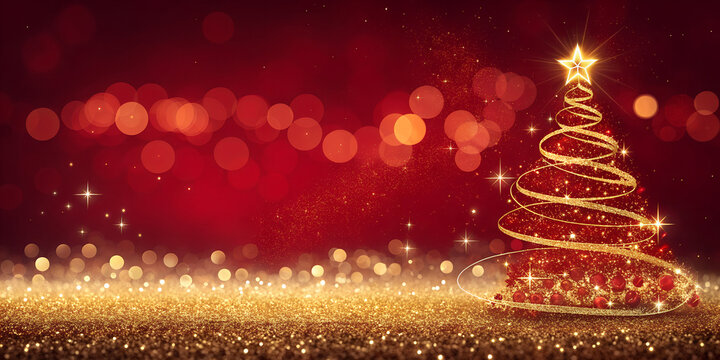 Golden Christmas Tree In Red Festive Background