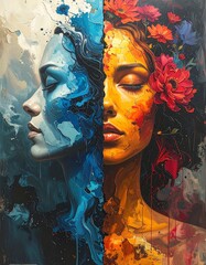 Two-faced woman, painted in contrasting colors