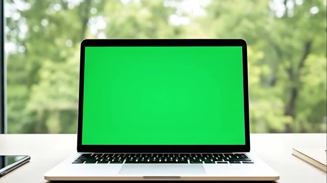 Laptop green screen on desk with smartphone notebook pen blurred nature background 