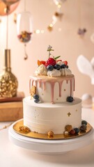 Two-tiered cake decorated with fresh berries and cream