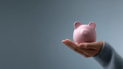 Hand Holding a Pink Piggy Bank Against a Soft Gray Background for Savings, Finance, Investment, or Budgeting Themes