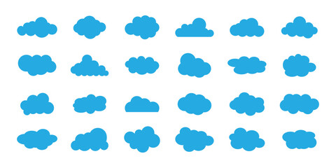Obraz premium Blue fluffy cloud silhouette. Minimalist clouds set. Abstract vector Blue cloud silhouette collection in cute flat cartoon style for web background. Blue cloud collection. Cloud icon vector set