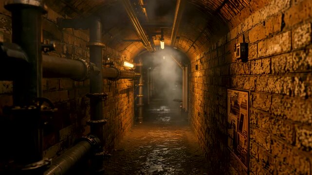 Dark underground brick corridor with exposed metal pipes, wet flooring, and light entering an arched doorway