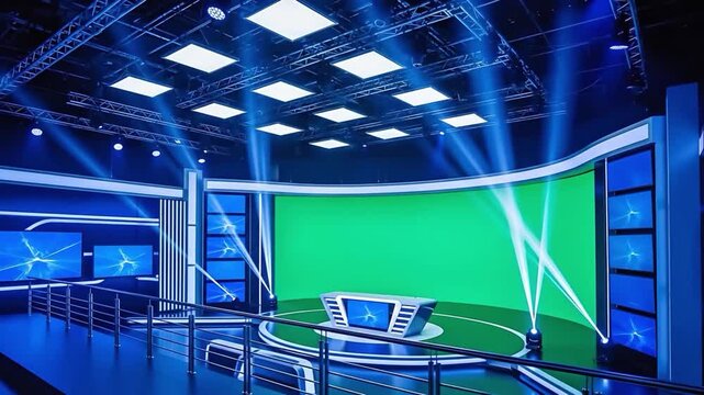 Modern television studio news desk green screen stage with dynamic lighting and digital displays