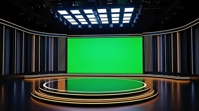 Modern virtual studio with green screen and circular stage for broadcasting and media production