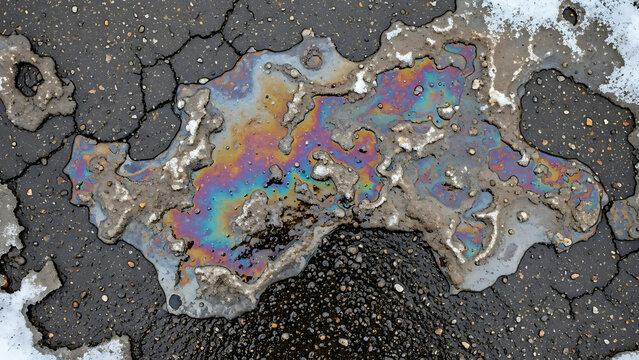 Abstract urban texture of melting snow and slush on asphalt