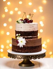 Two-tiered chocolate cake with cherries and flowers
