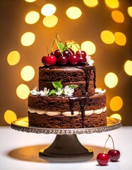 Two-tiered chocolate cake with cherries and cream
