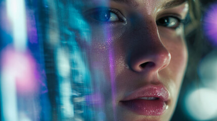 A close-up of a young woman's face illuminated by vibrant neon lights, highlighting her piercing blue eyes and glossy lips with futuristic reflections and colorful bokeh effects