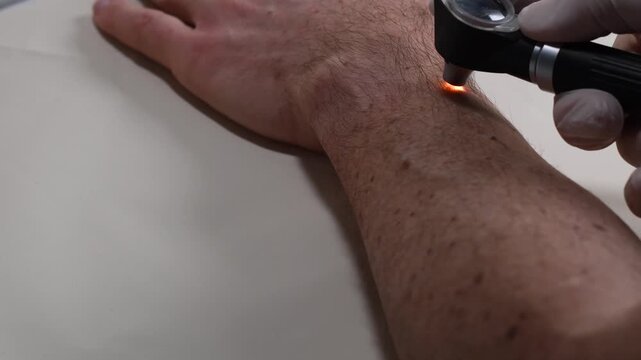 Dermatologist dermatoscope skin cancer screening male patient wrist; close-up dermoscopy exam early melanoma detection prevention. Mole check, mapping, nevus exam, oncology, biopsy, medical checkup.