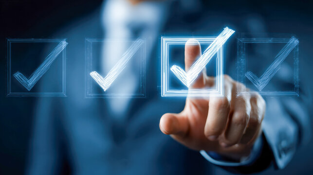Businessman selecting an illuminated checkmark on virtual transparent checkboxes representing decision making and task completion in technology interface - Powered by Adobe