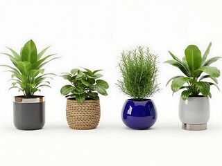 Four potted plants in different containers on a white background indoor plants green plants