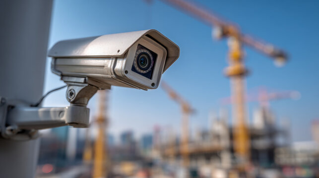 Surveillance camera monitoring an active construction site with multiple cranes and building structures blurred in the background during daylight hours