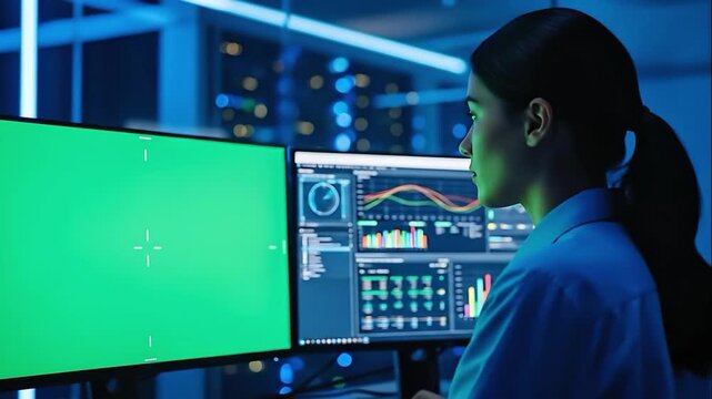 Woman programmer analyzing data on multiple monitors in futuristic data center with green screen