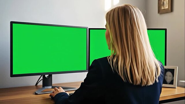 Woman working at dual green screen monitors typing on keyboard professional office environment