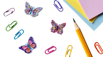 Colorful butterfly stickers, paper clips, pencil, and paper isolated on transparent background