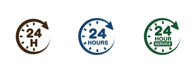 24 hour service icon flat vector illustration on white background, representing round-the-clock order execution, delivery, and customer service operations.