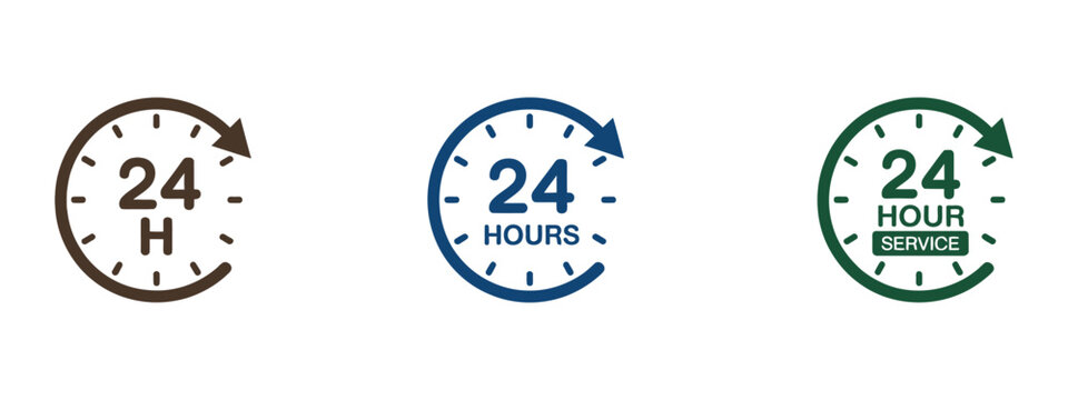 24 hour service icon flat vector illustration on white background, representing round-the-clock order execution, delivery, and customer service operations.
