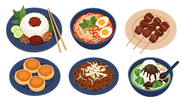 Vector set of Southeast Asian food featuring nasi lemak, satay, spicy laksa, fried noodles, serabi cakes, and cendol, designed for Asian restaurant menus and culinary web projects