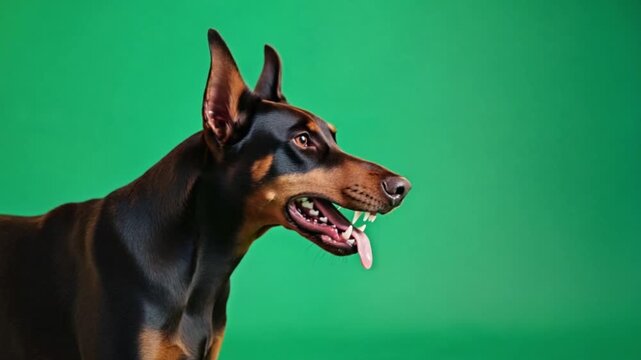 Doberman Pinscher dog with tongue out on green background