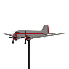 Vintage twin-engine propeller airplane model with red accents on a black background © Alex