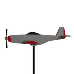 Side view of a gray and red model airplane with a propeller on a black background © Alex