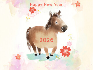 午年ゆるかわ水彩画の馬 年賀状 2026年 ちび馬