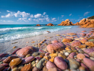 Colorful rounded stones glistening under bright sunlight on a serene coastline with blue ocean waves and clear sky in the background on a peaceful day