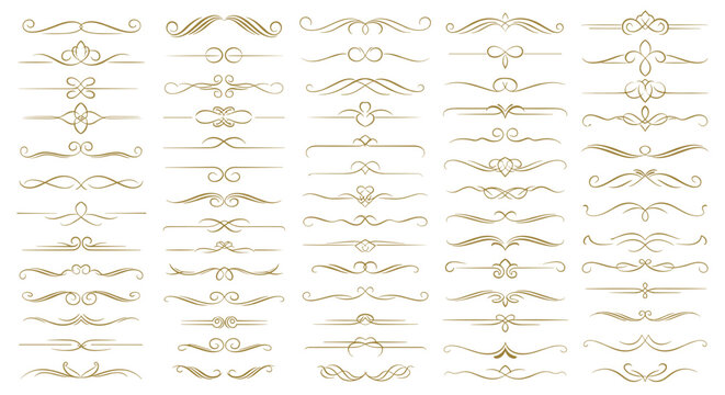 Large collection of elegant golden calligraphic text dividers and ornaments with vintage swirls and flourishes for luxury typographic designs.