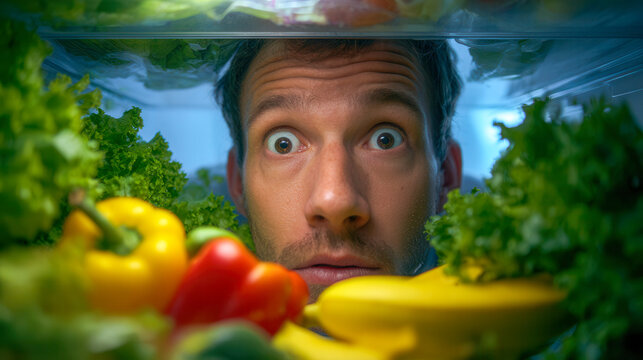 Man looking inside a refrigerator filled with fresh colorful vegetables and fruits with an expression of surprise and curiosity during a late-night snack search