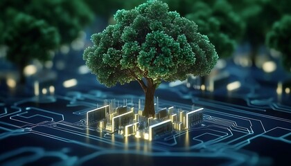 Tree grows from circuit board representing technology and nature integration