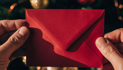 Hands holding a red envelope in front of a Christmas tree