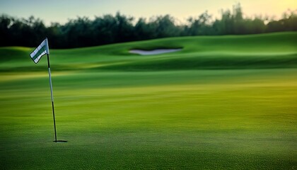 Obraz premium Golf course putting green flag marks hole on sunny day sports landscape